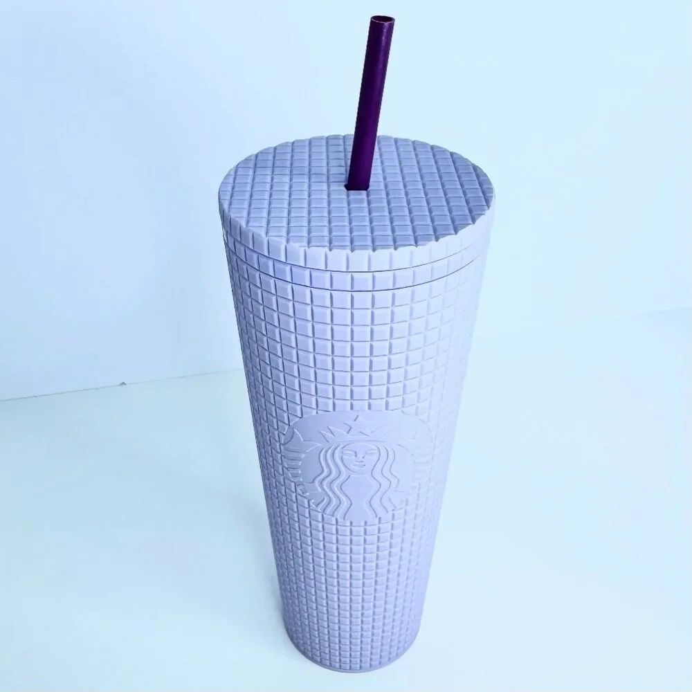 Starbucks 24 oz Tumbler‎ 2021 Matte Lilac Purple Grid with Straw Venti Cold Cup